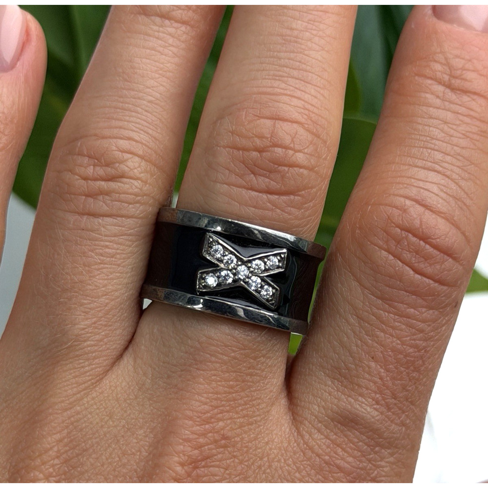 Vintage 925 Sterling Silver Black Enamel & Cz Ring Size 9